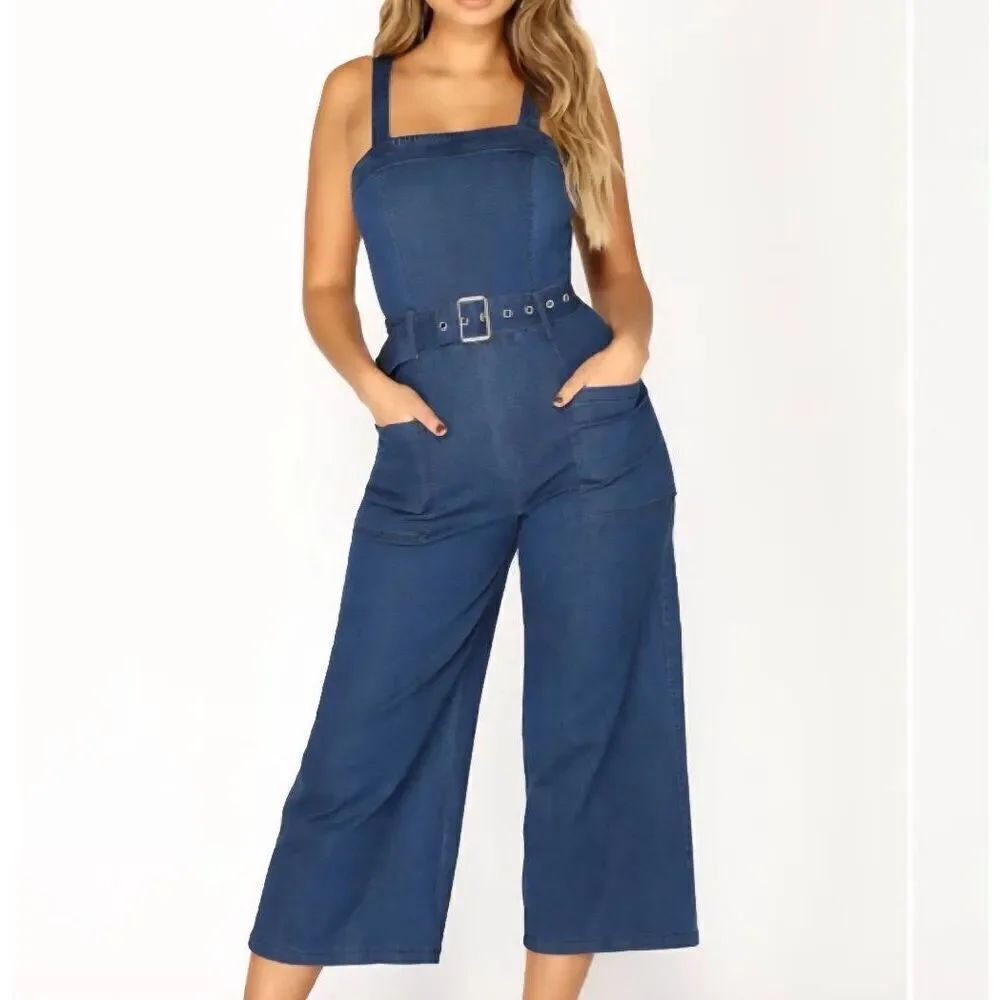 NWT Fashion Nova Jumpsuit Women's 0 Blue In My Feelings Belted Denim Wide Leg